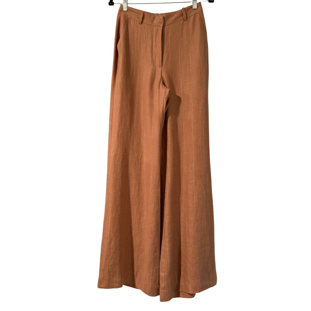 L'AGENCE Pilar Wide Leg Pant Trouser Fawn Ivory Pinstripe 100% Linen Size 2